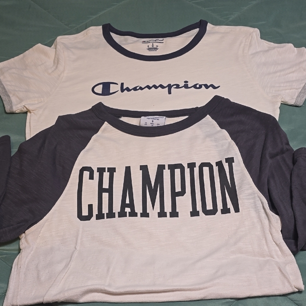 Champion Cream and Black Raglan Short Sleeve Tee